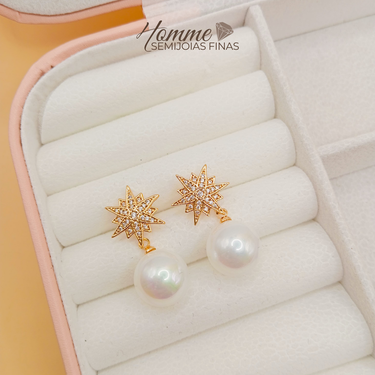 Brinco Estrela com Pérola – Folheado a Ouro 18k