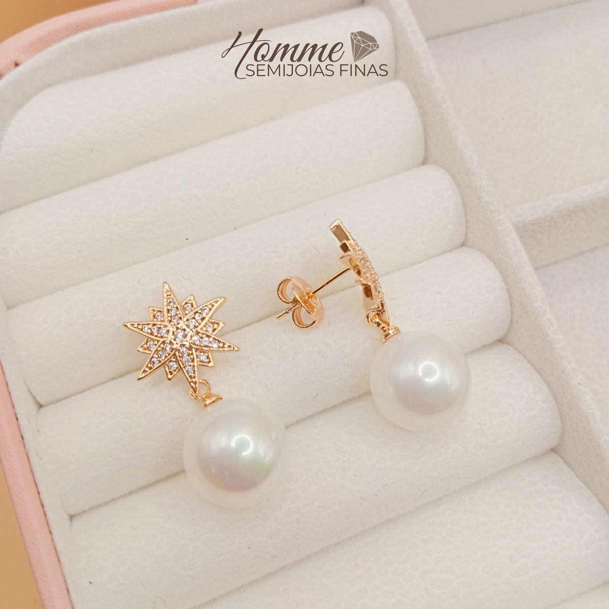 Brinco Estrela com Pérola – Folheado a Ouro 18k