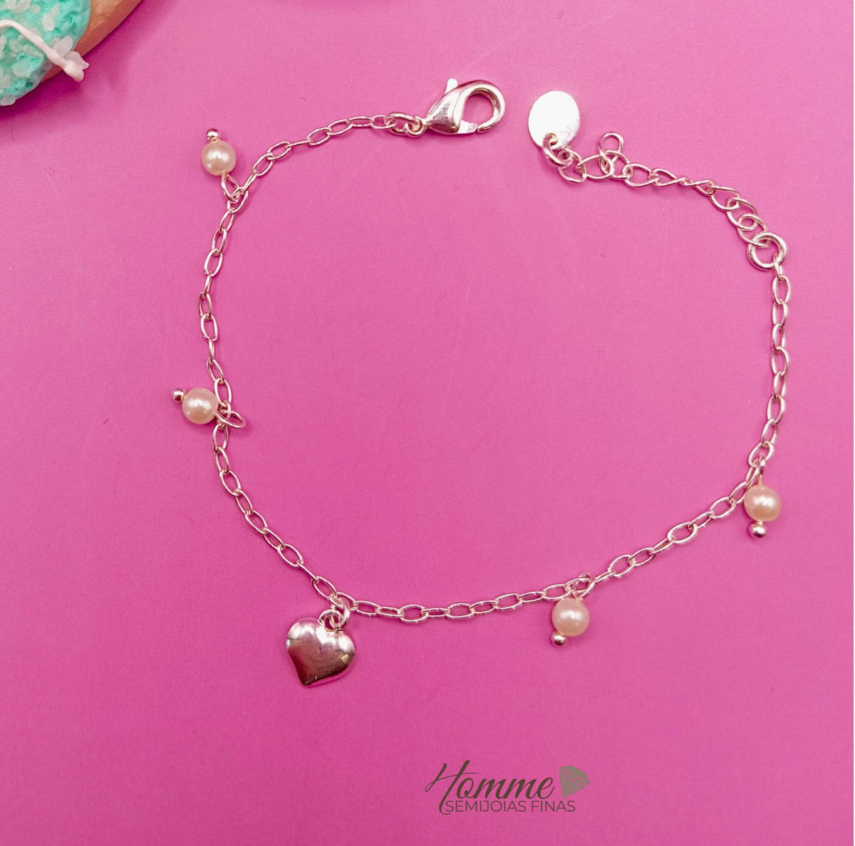Pulseira Infantil coracāo com perolas Prata Leve