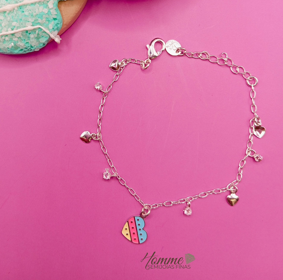 Pulseira Infantil coracāo colorido Prata Leve