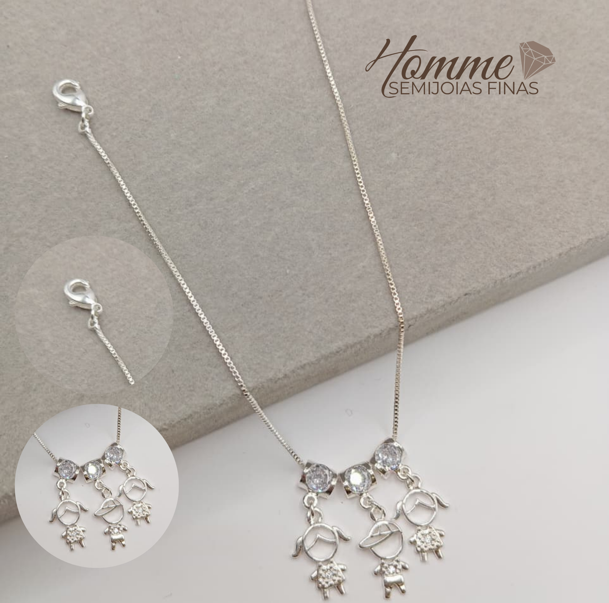 Colar Família com Três Filhos – Prata Legítima 925