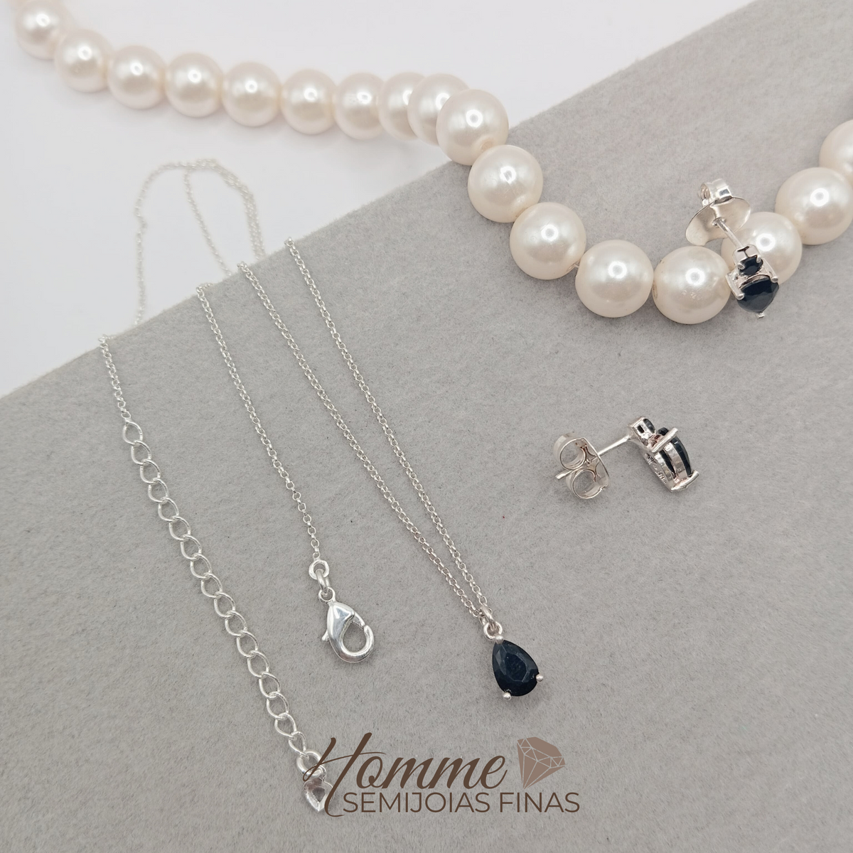 Conjunto Gota Ônix – Prata Leve com Banho de Prata