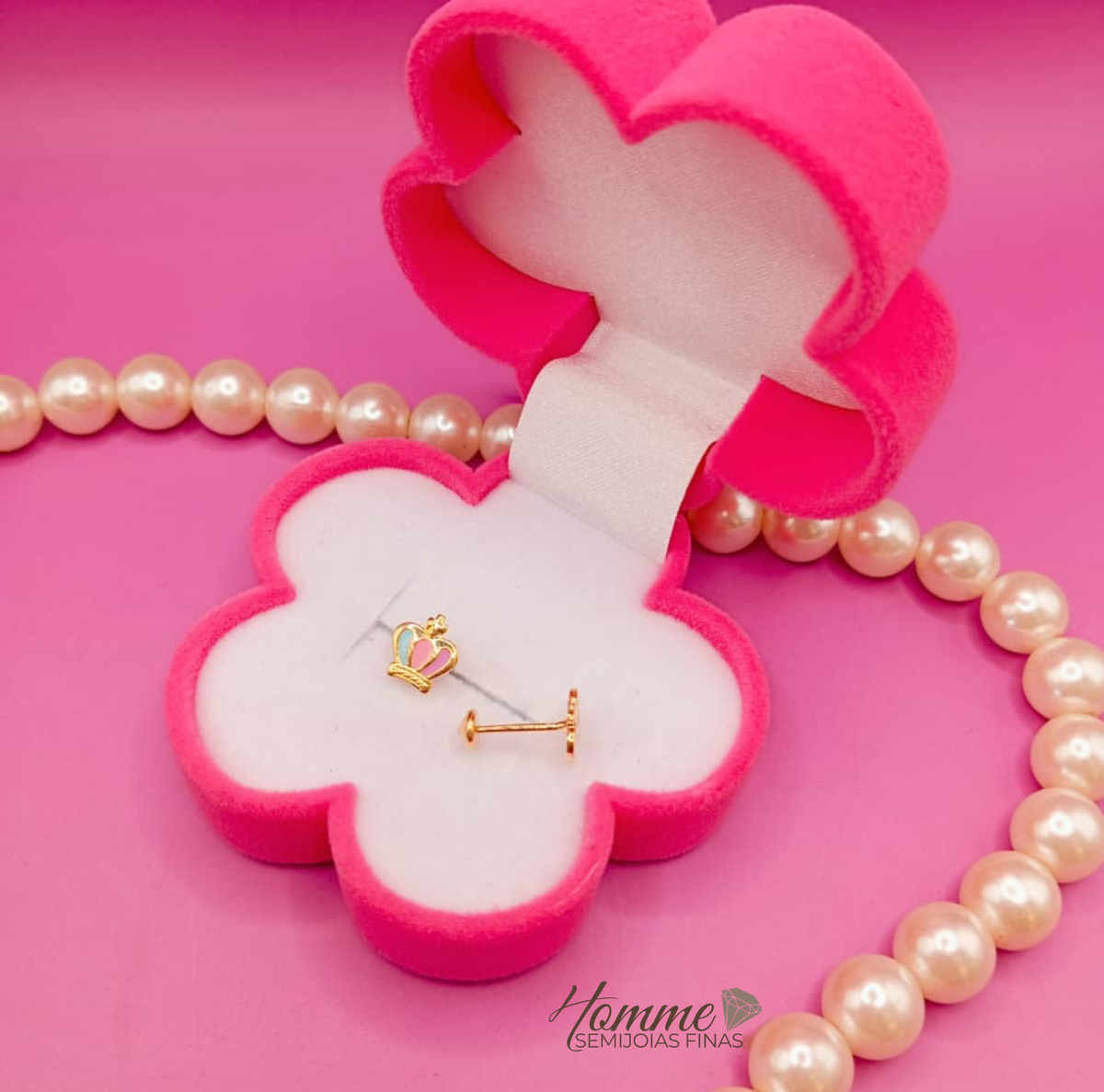 Brinco Infantil coroa colorida folheado a ouro 18K