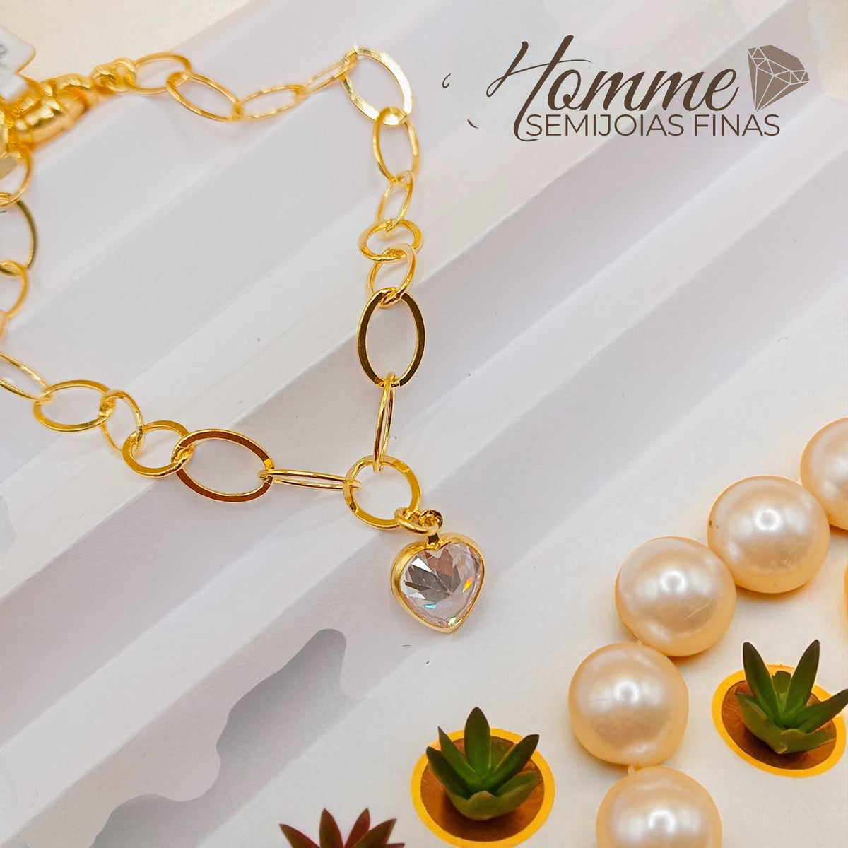 Pulseira Coração de Cristal – Folheada a Ouro 18k