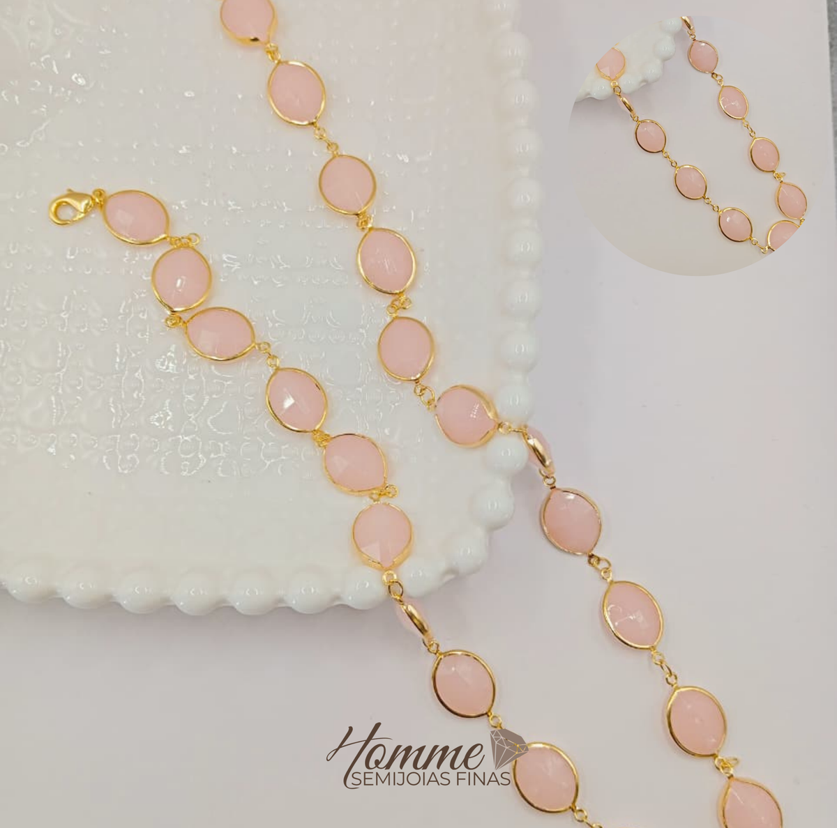 Colar Pedras Rosé Oval – Folheado a Ouro 18k