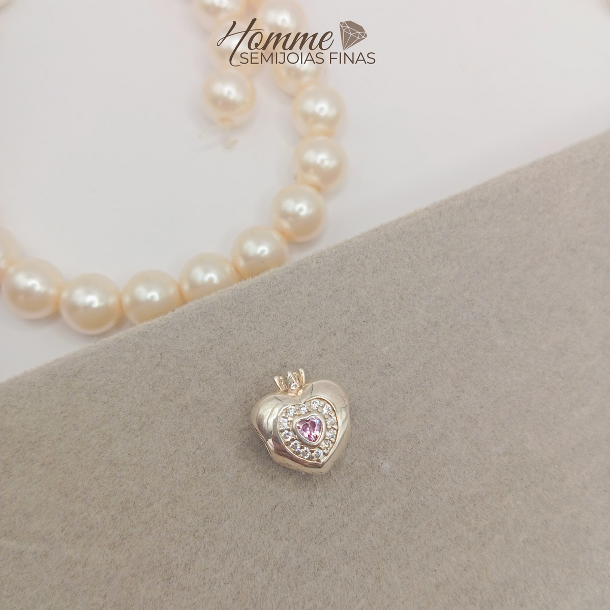 Berloque Coração com Zircônia Rosa – Prata Legítima 925