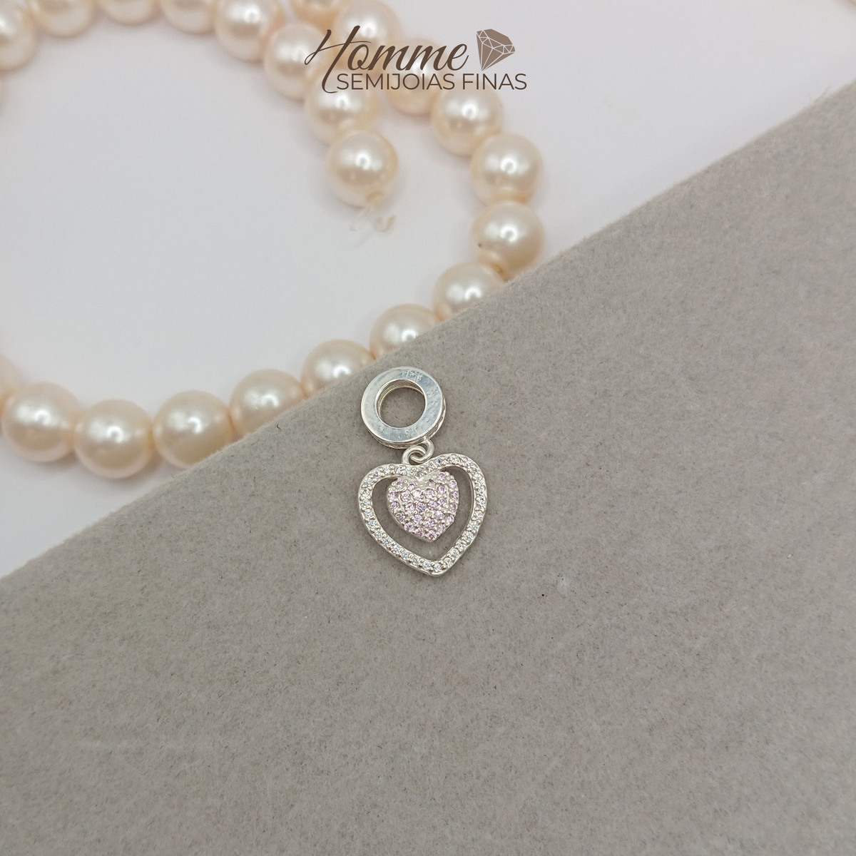 Berloque Coração Duplo com Zircônias Rosa – Prata Legítima 925